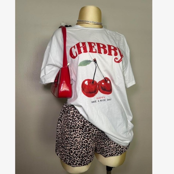 Cotton Blend Cherry Print White Crewneck Oversized Tee Shirt - Picture 7 of 7